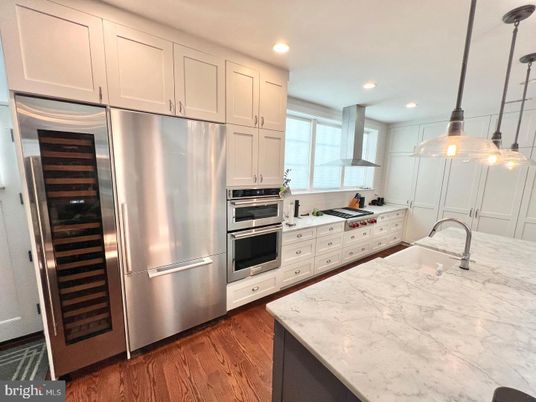 Interior, Kitchen, Pendant Lights, Recessed Lighting, Stainless Steel Appliances, Wood Texture Flooring