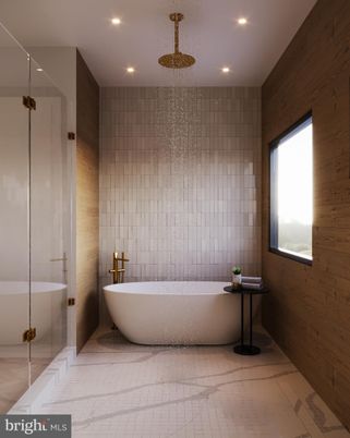 Bathroom, Free Standing Baths, Interior, Marble, Recessed Lighting, Wooden Walls