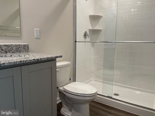 Bathroom, Glass Shower, Interior, Wood Texture Flooring