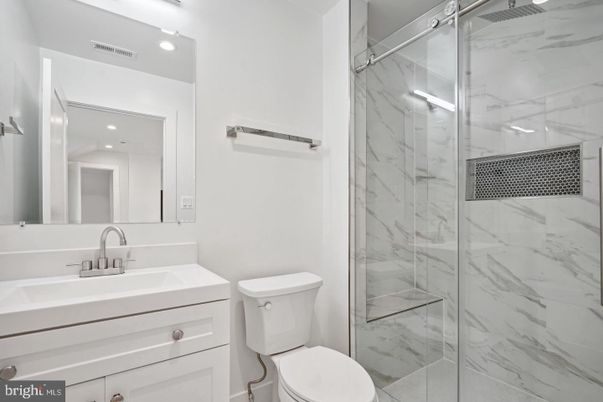 Bathroom, Glass Shower, Interior, Marble Walls, Recessed Lighting