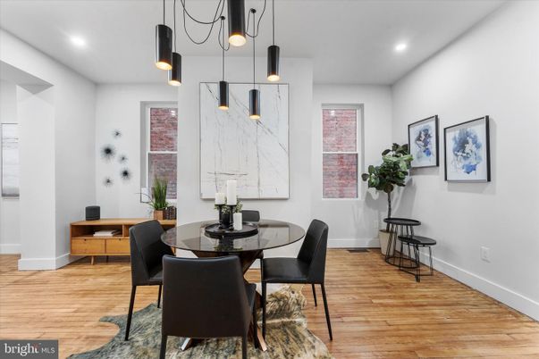 Dining room, Interior, Pendant Lights, Recessed Lighting, Wood Texture Flooring