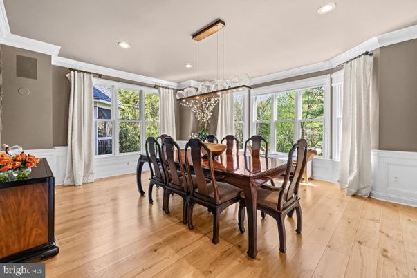 Dining room, Interior, Pendant Lights, Recessed Lighting, Wood Texture Flooring