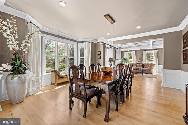 Dining room, Interior, Pendant Lights, Recessed Lighting, Wood Texture Flooring