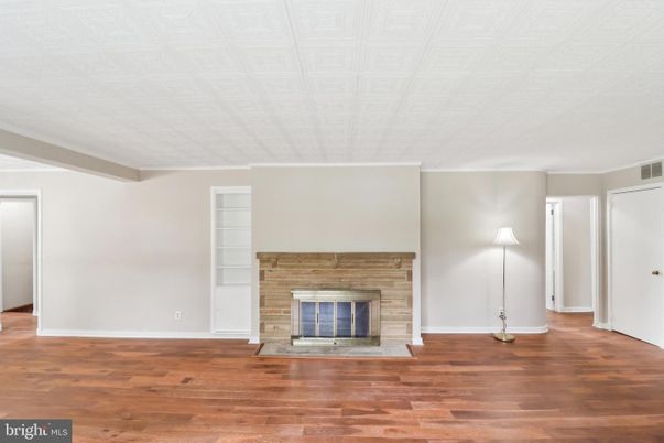 Empty room, Fireplace, Interior, Stone Walls, Wood Texture Flooring