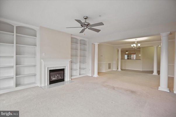 Chandelier, Empty room, Fireplace, Interior