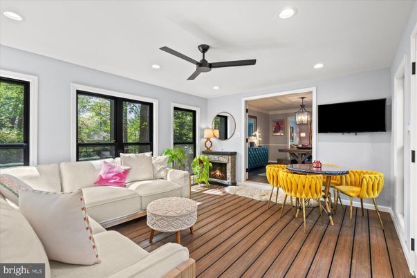 Dining room, Fireplace, Interior, Living room, Pendant Lights, Recessed Lighting, Wood Texture Flooring