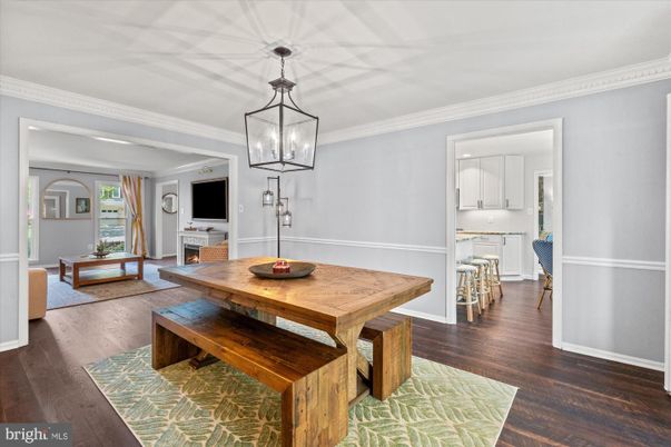 Dining room, Fireplace, Interior, Living room, Pendant Lights, Wood Texture Flooring