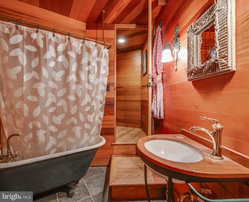 Bathroom, Free Standing Baths, Interior, Wooden Ceilings, Wood Texture Flooring, Wooden Walls