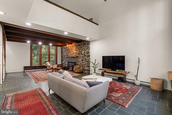 Fireplace, Interior, Living room, Recessed Lighting, Stone Walls