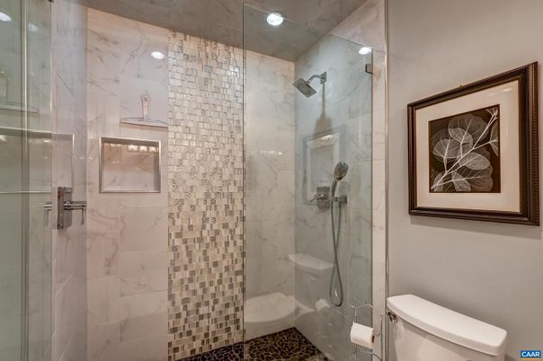 Bathroom, Glass Shower, Interior, Marble Walls, Recessed Lighting