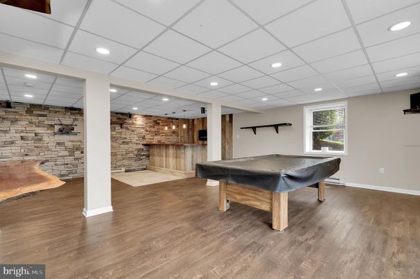 Billiard Table, Game Room, Interior, Recessed Lighting, Stone Walls, Wood Texture Flooring