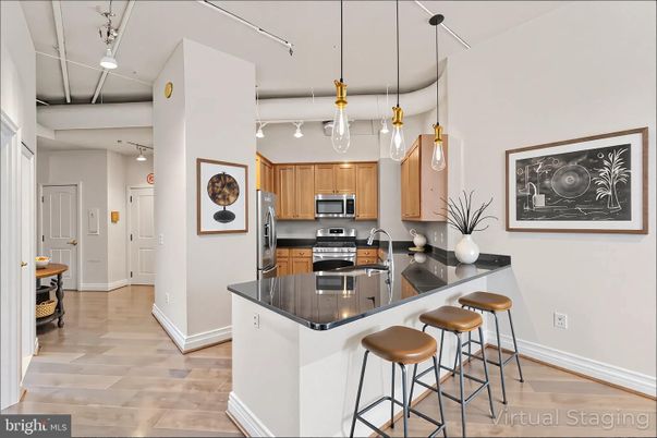 Interior, Kitchen, Pendant Lights, Stainless Steel Appliances, Wood Texture Flooring