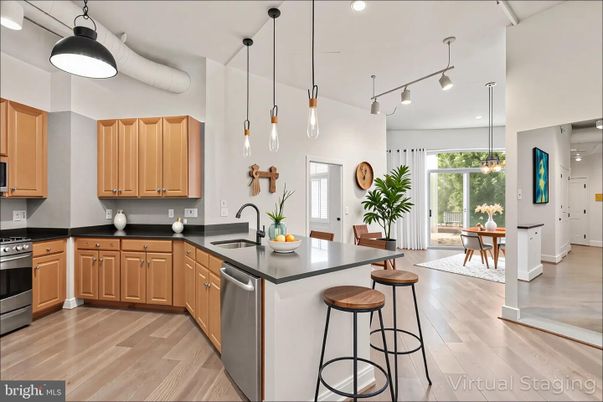 Dining room, Interior, Kitchen, Pendant Lights, Recessed Lighting, Stainless Steel Appliances, Wood Texture Flooring
