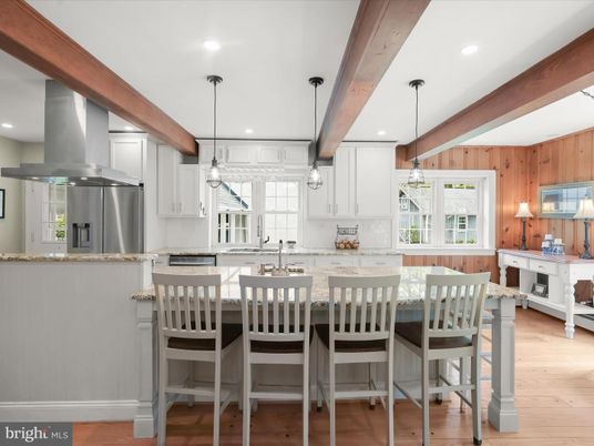 Interior, Kitchen, Pendant Lights, Recessed Lighting, Stainless Steel Appliances, Wooden Beams, Wood Texture Flooring
