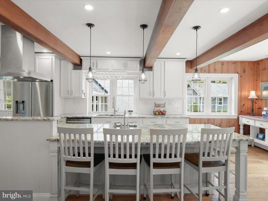 Interior, Kitchen, Pendant Lights, Recessed Lighting, Stainless Steel Appliances, Wooden Beams, Wood Texture Flooring