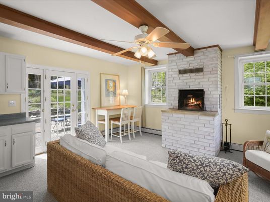 Dining room, Fireplace, Interior, Living room, Stone Walls, Wooden Beams