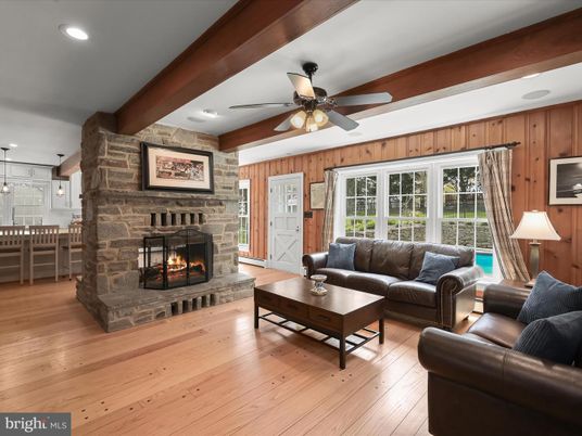 Fireplace, Interior, Living room, Pendant Lights, Recessed Lighting, Stone Walls, Wooden Beams, Wood Texture Flooring, Wooden Walls