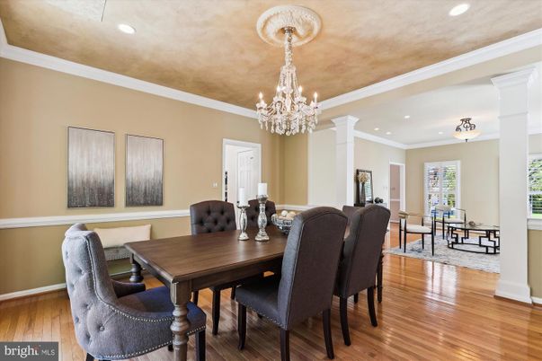 Chandelier, Dining room, Interior, Recessed Lighting, Wood Texture Flooring