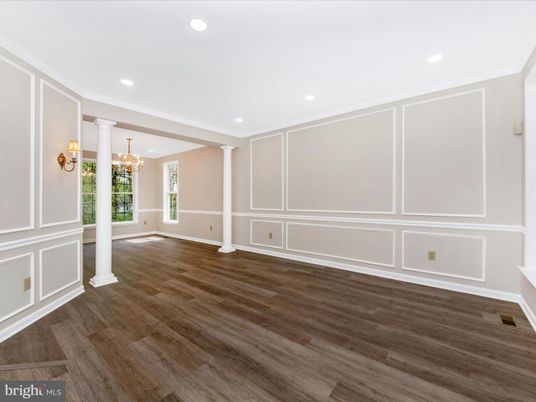 Chandelier, Empty room, Interior, Recessed Lighting, Wood Texture Flooring