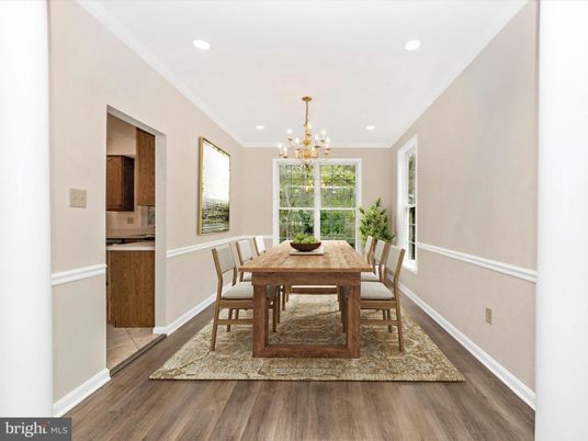 Chandelier, Dining room, Interior, Recessed Lighting, Wood Texture Flooring