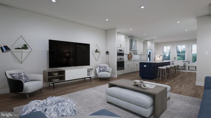 Dining room, Interior, Kitchen, Living room, Recessed Lighting, Wood Texture Flooring