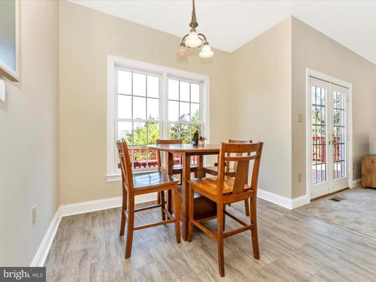 Dining room, Interior, Pendant Lights, Wood Texture Flooring