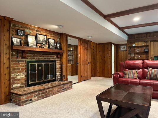 Fireplace, Interior, Living room, Recessed Lighting, Stone Walls, Wooden Beams, Wooden Walls