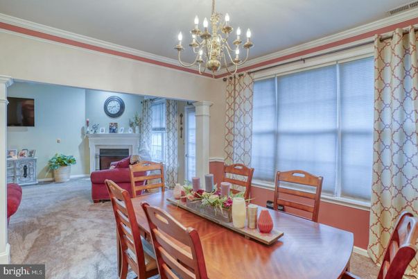 Chandelier, Dining room, Fireplace, Interior
