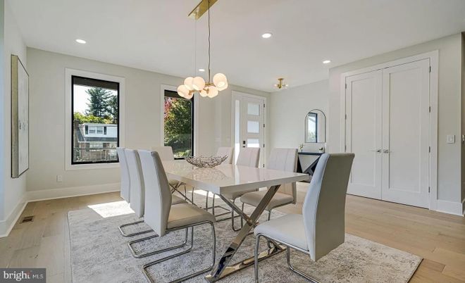 Dining room, Interior, Pendant Lights, Recessed Lighting, Wood Texture Flooring