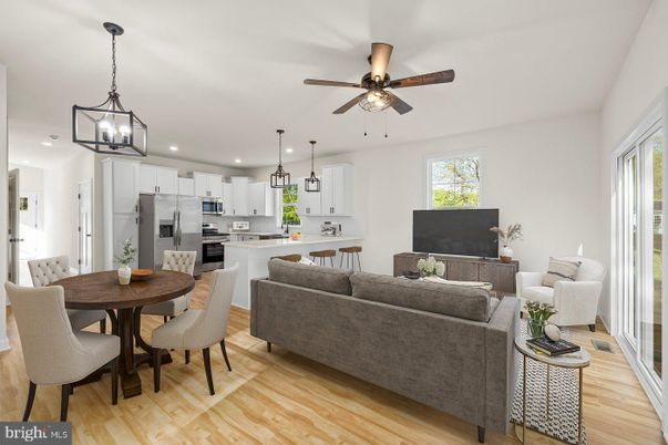 Dining room, Interior, Kitchen, Living room, Pendant Lights, Recessed Lighting, Stainless Steel Appliances, Wood Texture Flooring