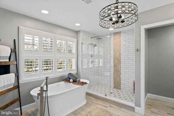 Bathroom, Free Standing Baths, Glass Shower, Interior, Pendant Lights, Recessed Lighting, Wood Texture Flooring