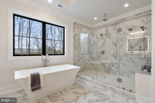 Bathroom, Free Standing Baths, Glass Shower, Interior, Marble, Marble Walls, Recessed Lighting