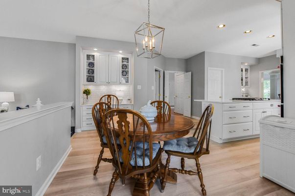 Dining room, Interior, Pendant Lights, Recessed Lighting, Wood Texture Flooring