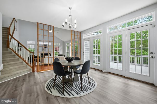 Chandelier, Dining room, Interior, Wood Texture Flooring