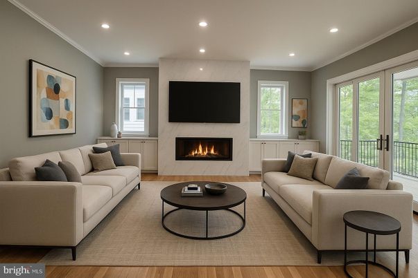 Fireplace, Interior, Living room, Marble Walls, Recessed Lighting, Wood Texture Flooring