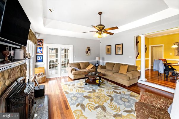 Dining room, Fireplace, Interior, Living room, Wood Texture Flooring