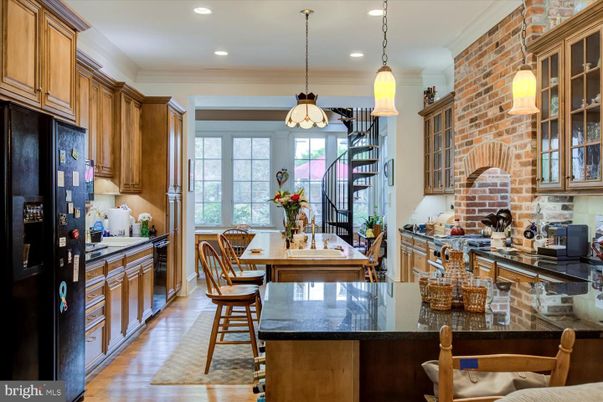 Dining room, Fireplace, Interior, Kitchen, Pendant Lights, Recessed Lighting, Stone Walls, Wood Texture Flooring