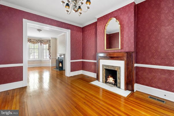 Chandelier, Empty room, Fireplace, Interior, Wood Texture Flooring