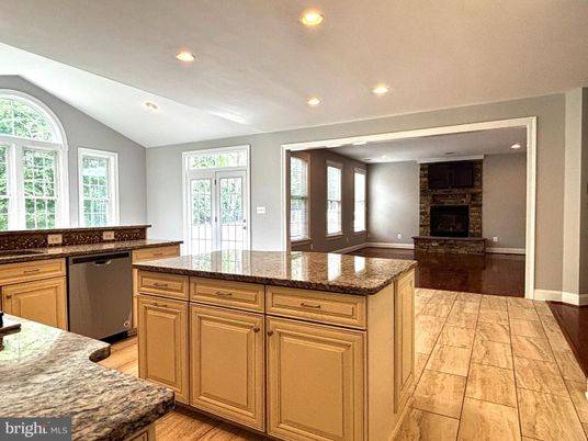Fireplace, Interior, Kitchen, Recessed Lighting, Wood Texture Flooring
