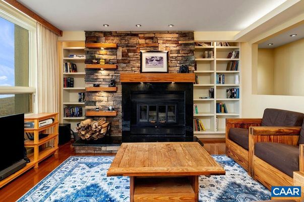 Fireplace, Interior, Recessed Lighting, Stone Walls, Wood Texture Flooring