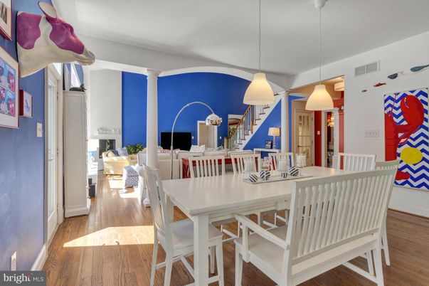 Dining room, Interior, Pendant Lights, Wood Texture Flooring