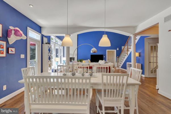 Dining room, Interior, Pendant Lights, Recessed Lighting, Wood Texture Flooring