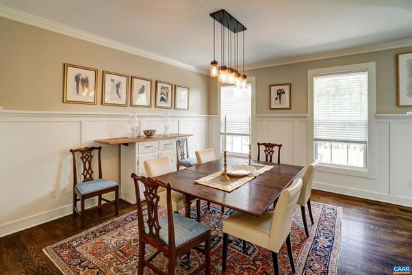 Dining room, Interior, Pendant Lights, Wood Texture Flooring