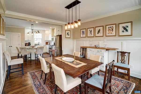 Dining room, Interior, Kitchen, Pendant Lights, Recessed Lighting, Stainless Steel Appliances, Wood Texture Flooring