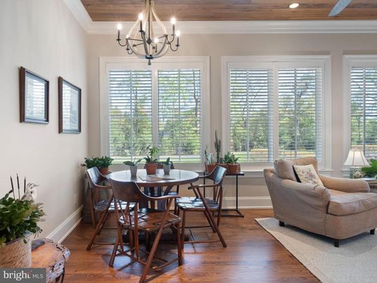 Chandelier, Dining room, Interior, Living room, Recessed Lighting, Wooden Ceilings, Wood Texture Flooring