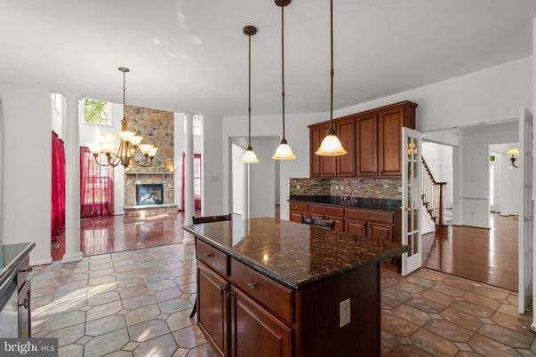 Chandelier, Fireplace, Interior, Kitchen, Pendant Lights, Wood Texture Flooring