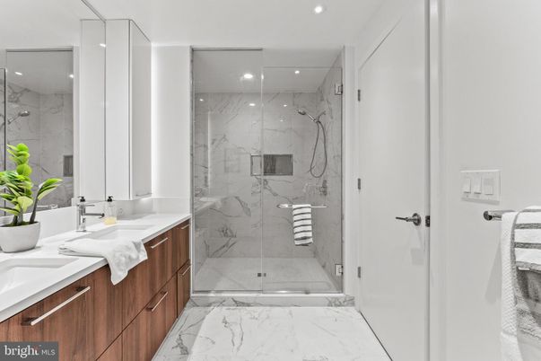 Bathroom, Glass Shower, Interior, Marble, Marble Walls, Recessed Lighting
