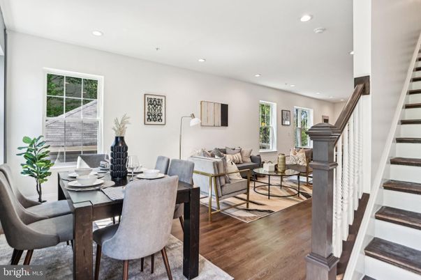 Dining room, Interior, Living room, Recessed Lighting, Wood Texture Flooring