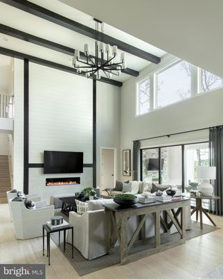 Chandelier, Fireplace, Interior, Living room, Pendant Lights, Wooden Beams, Wood Texture Flooring