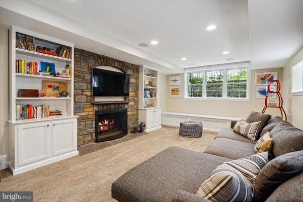 Fireplace, Interior, Living room, Recessed Lighting, Stone Walls